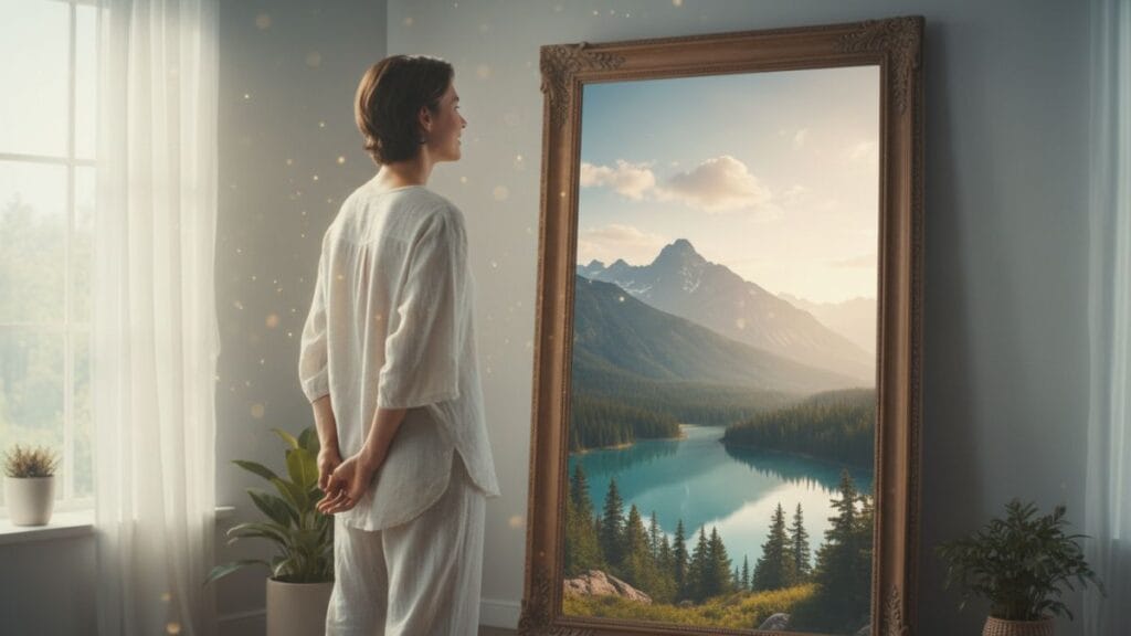 Imagem conceitual de espelho refletindo natureza, simbolizando a aceitação corporal e o autocuidado em Billie Eilish e Saúde Mental.