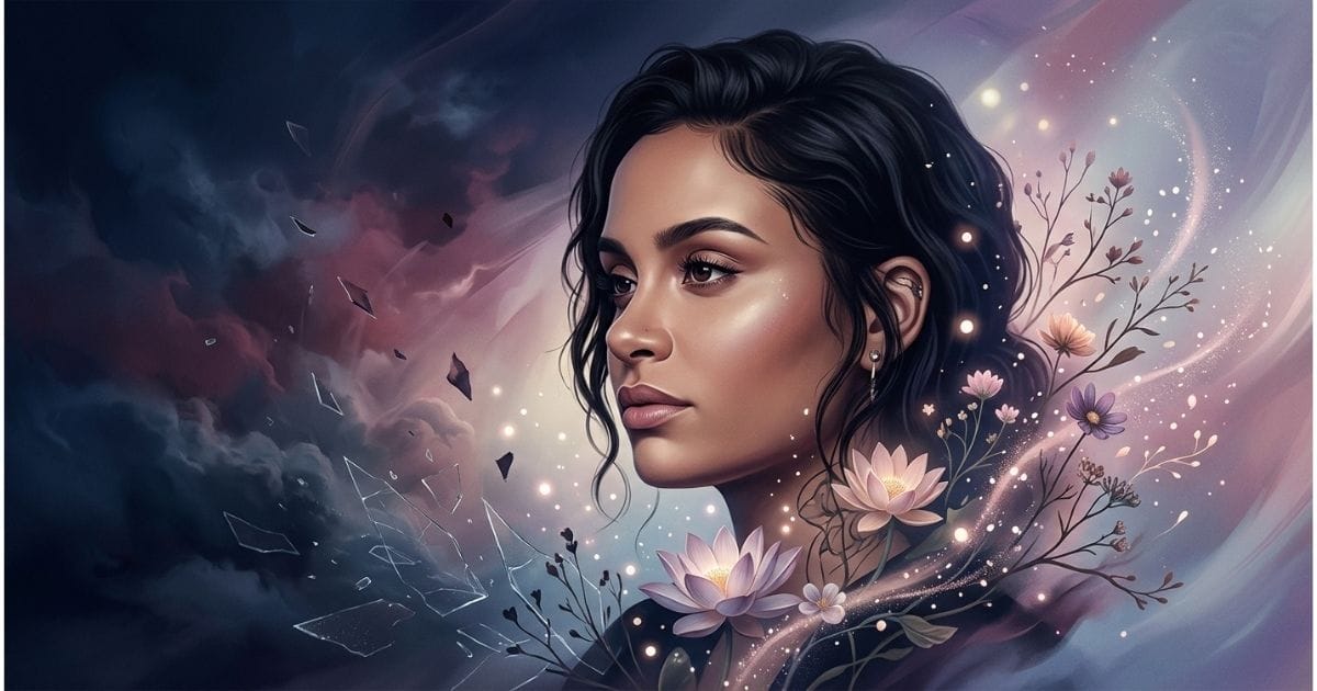 Ilustração conceitual sobre Kehlani saúde mental mostrando perfil feminino entre nuvens sombrias e flores de lótus iluminadas.