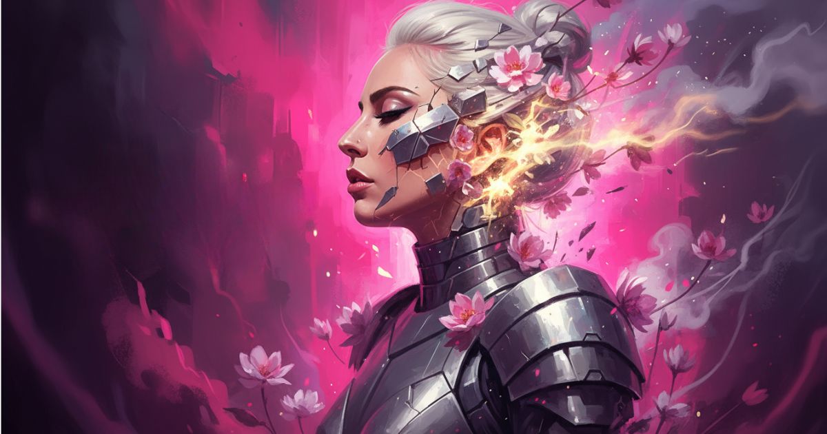 Ilustração artística de Lady Gaga com armadura metálica e flores, representando a força e a vulnerabilidade na jornada de Lady Gaga e Saúde Mental.