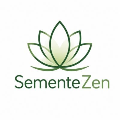 Logotipo do SementeZen com símbolo de flor de lótus em verde, representando equilíbrio, bem-estar, saúde mental e crescimento interior.
