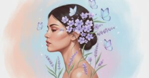 Ilustração artística de perfil feminino inspirado na jornada de Selena Gomez e Saúde Mental, com flores simbolizando coragem e vulnerabilidade.