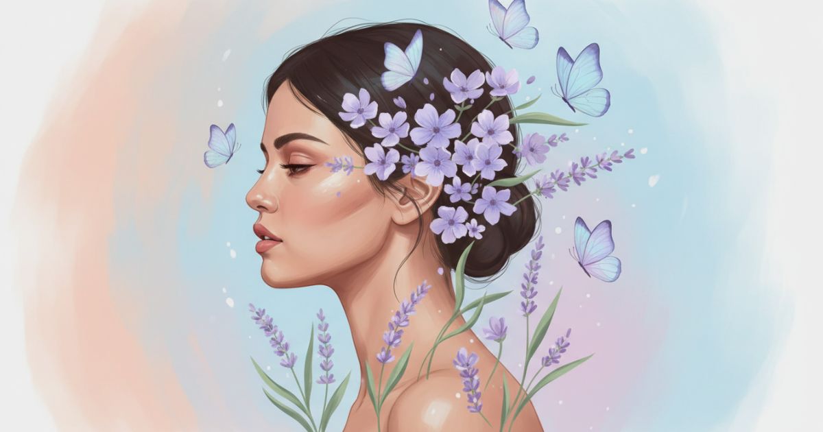 Ilustração artística de perfil feminino inspirado na jornada de Selena Gomez e Saúde Mental, com flores simbolizando coragem e vulnerabilidade.